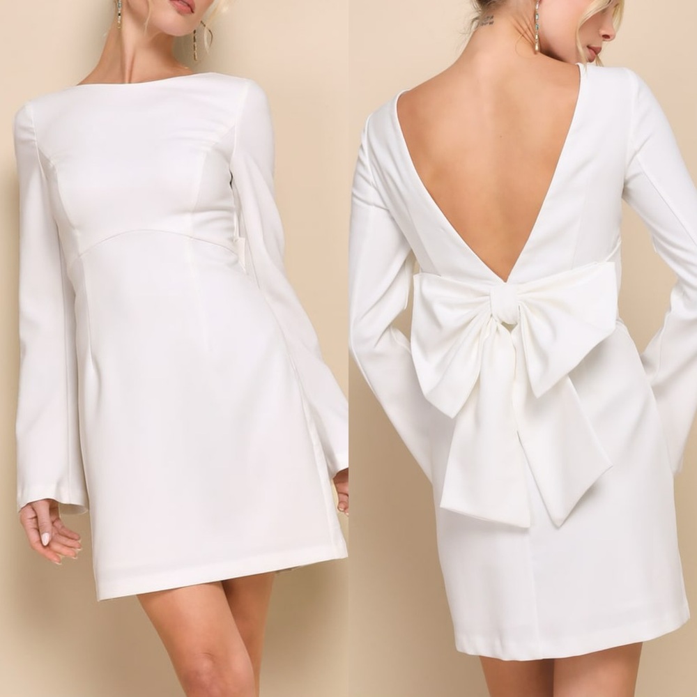 NWOT Lulus Elegant Cutie Ivory Bow Long Sleeve Backless Mini Dress
